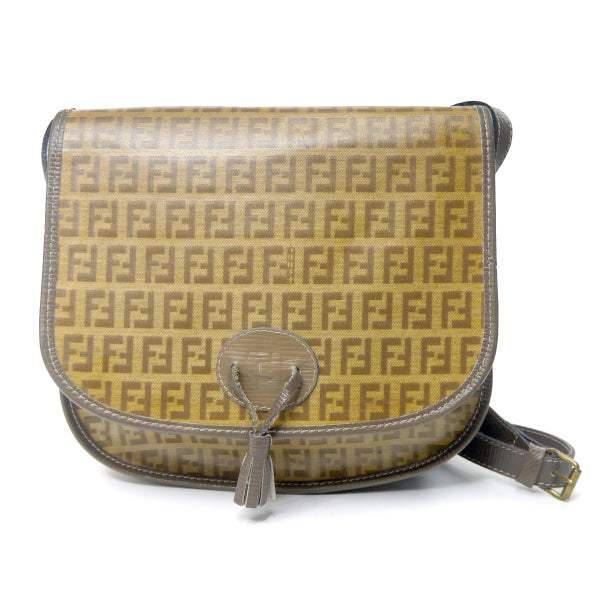 Fendi ズッキーノ柄フリンジ付半円ショルダー（茶）