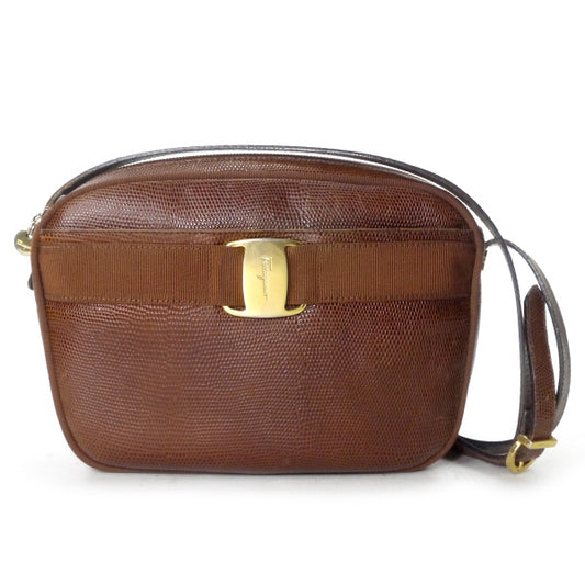 Salvatore Ferragamo　Varaリボン リザードポシェットバッグ（茶）