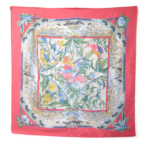 HERMES　大判カレ90　オウム×花（ピンク系）