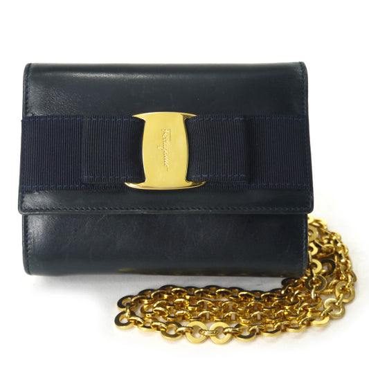 Salvatore Ferragamo  Varaリボン総革3wayミニチェーンバッグ（濃紺）