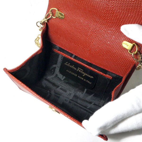 Salvatore Ferragamo Varaリザード総革3wayミニチェーンバッグ（朱色）