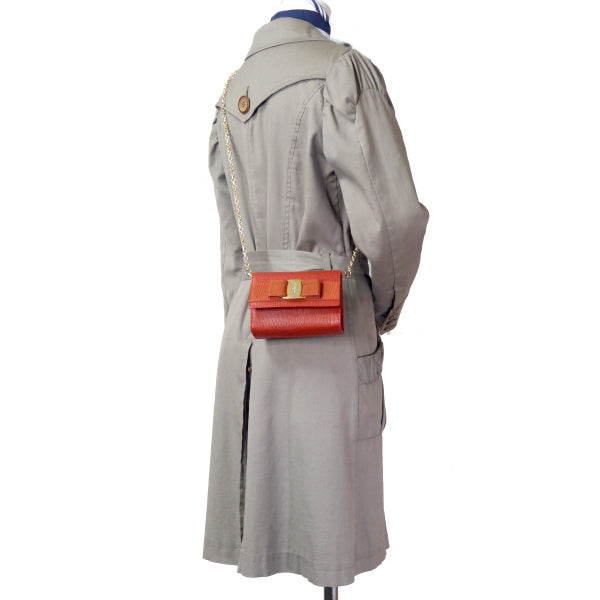 Salvatore Ferragamo Varaリザード総革3wayミニチェーンバッグ（朱色）