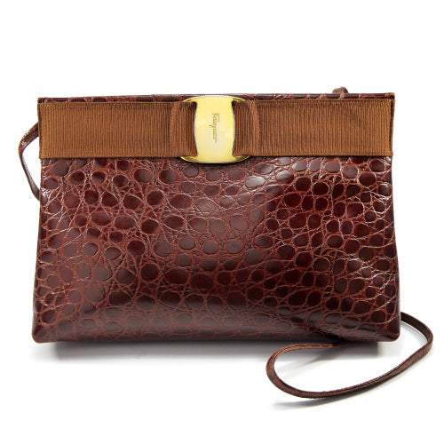 Salvatore Ferragamo Varaクロコ型押しショルダー(茶)