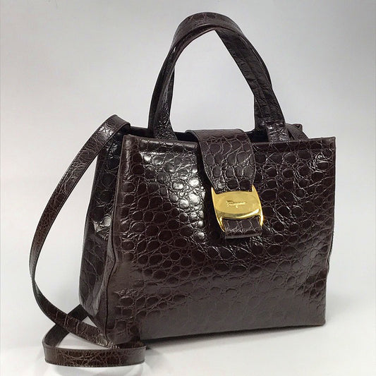 Salvatore Ferragamo Varaクロコ型押し2WAYバッグ(濃茶)