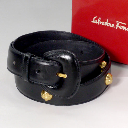 Salvatore Ferragamo ヒールスタッズ金具レザーベルト（黒）