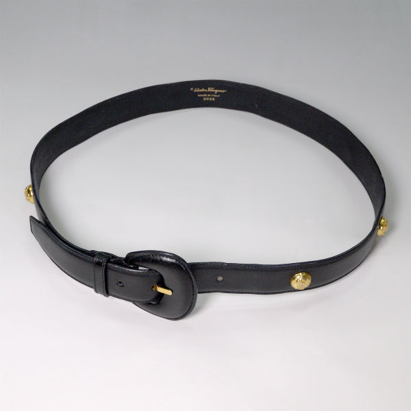 Salvatore Ferragamo ヒールスタッズ金具レザーベルト（黒）