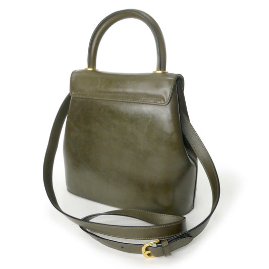 Salvatore Ferragamo  ヒールスタッズ総革ショルダー付ハンドバッグ（カーキ）