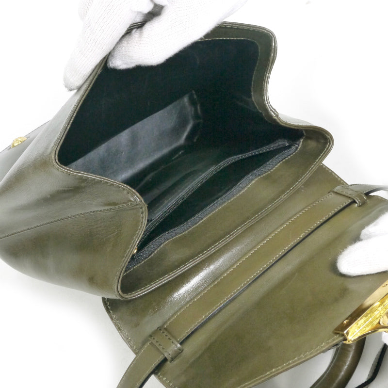 Salvatore Ferragamo  ヒールスタッズ総革ショルダー付ハンドバッグ（カーキ）