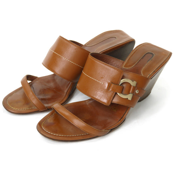Salvatore Ferragamo  ウッドウェッジソール レザーサンダル（茶）