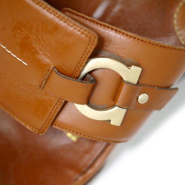 Salvatore Ferragamo  ウッドウェッジソール レザーサンダル（茶）