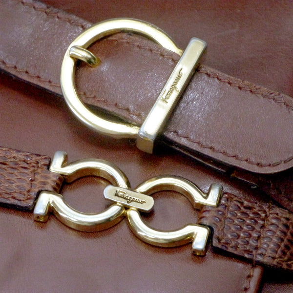 Salvatore Ferragamo  ガンチーニ×リザードライン総革ショルダー（茶）