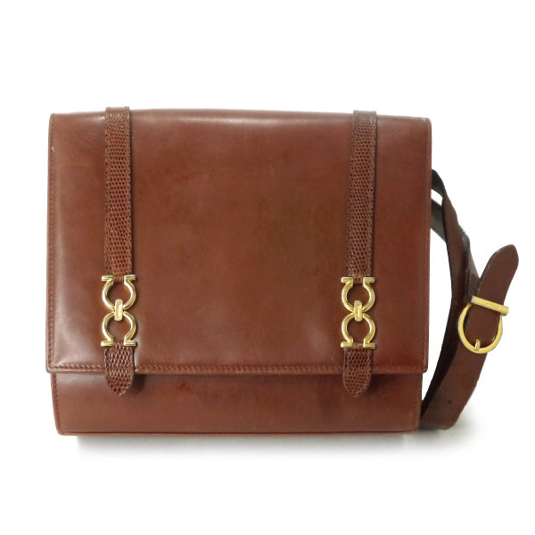 Salvatore Ferragamo  ガンチーニ×リザードライン総革ショルダー（茶）