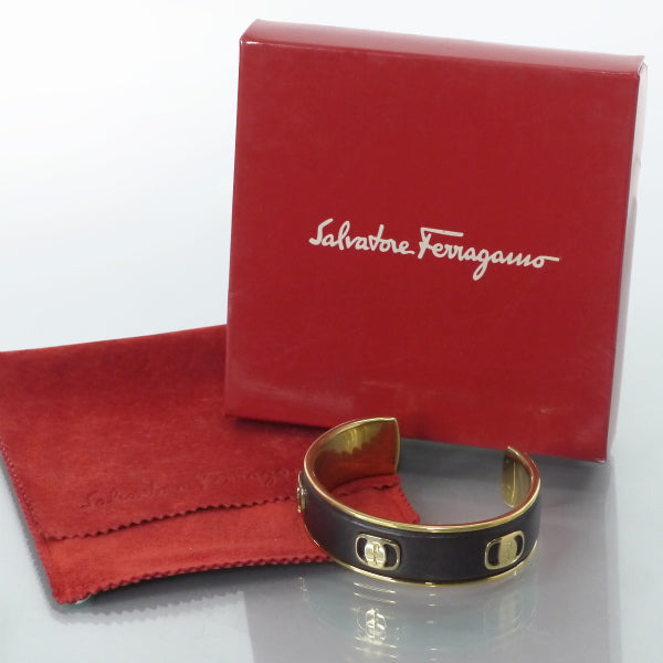 Salvatore Ferragamo Varaゴールド×レザー バングル（濃茶）