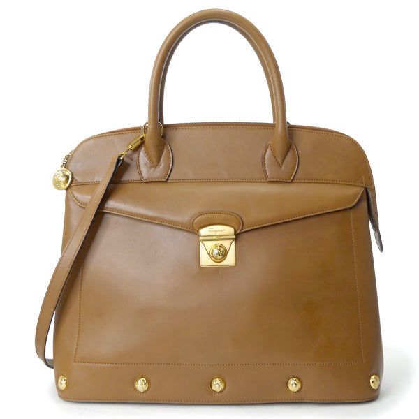 Salvatore Ferragamo  ヒールスタッズ本革ショルダー付ブリーフケース（茶）