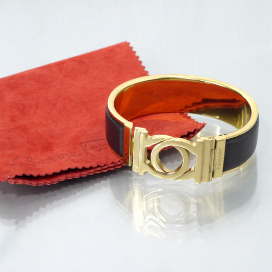 Salvatore Ferragamo ガンチーニ ゴールド×レザーバングル（濃茶）