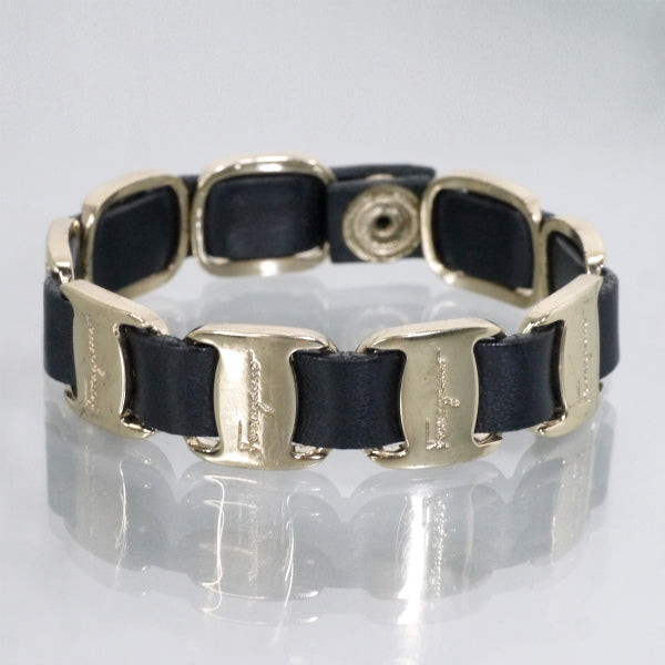 Salvatore Ferragamo Varaシルバー×レザー ブレスレット（黒）