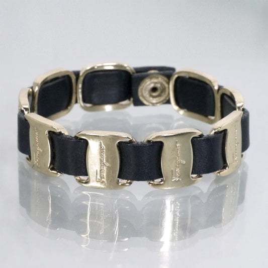 Salvatore Ferragamo Varaシルバー×レザー ブレスレット（黒）