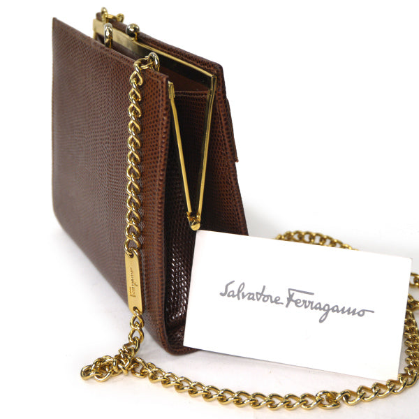 Salvatore Ferragamo  Varaリザードがま口チェーンミニバッグ（茶）