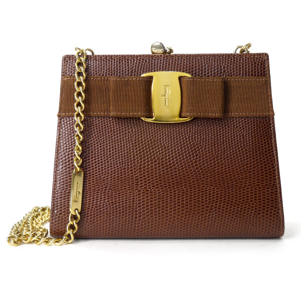 Salvatore Ferragamo  Varaリザードがま口チェーンミニバッグ（茶）