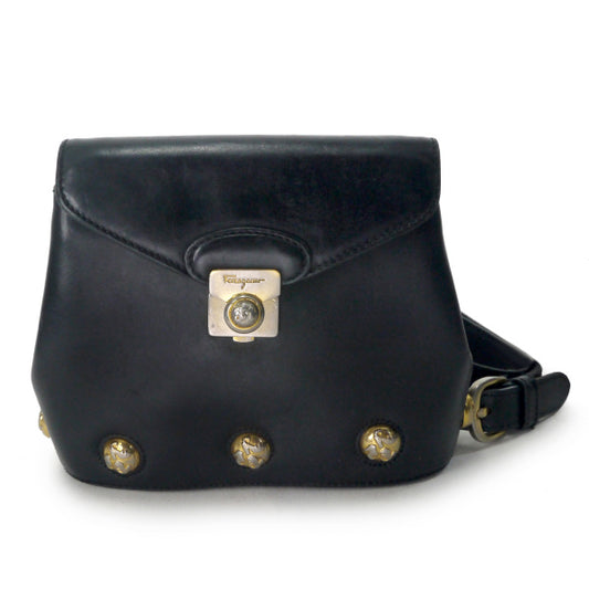 Salvatore Ferragamo  ヒールスタッズ総革ミニバッグ（黒）