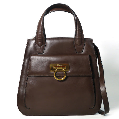 Salvatore Ferragamo　ガンチーニ　ラム皮トートバック（茶）