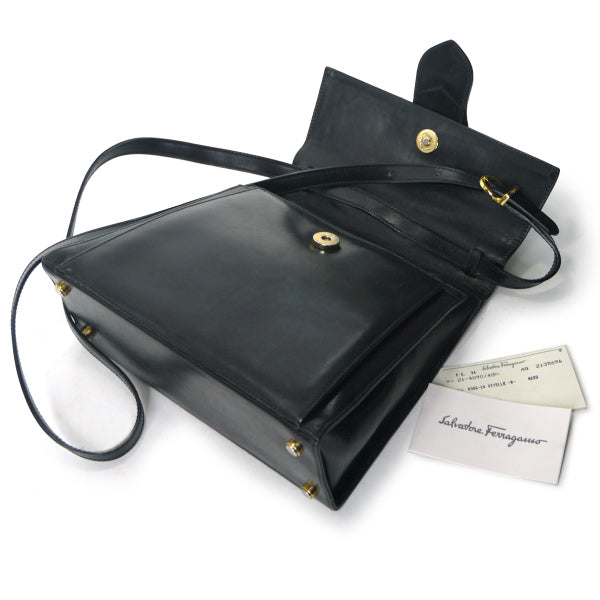 Salvatore Ferragamo 本革ショルダー付ハンドバッグ（黒）