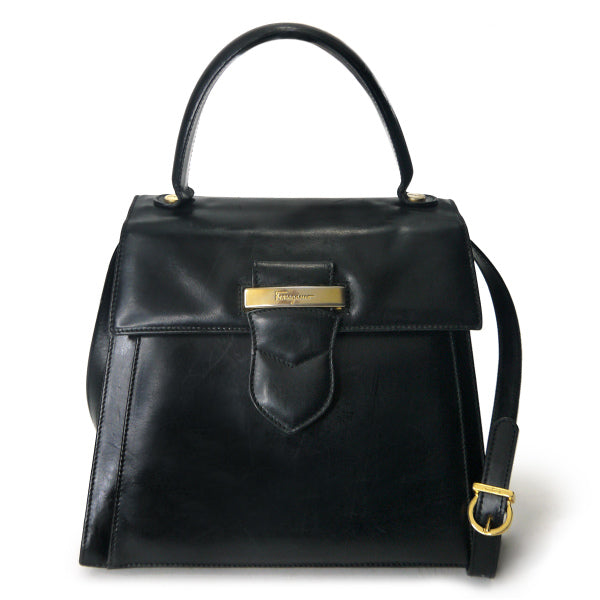 Salvatore Ferragamo 本革ショルダー付ハンドバッグ（黒）