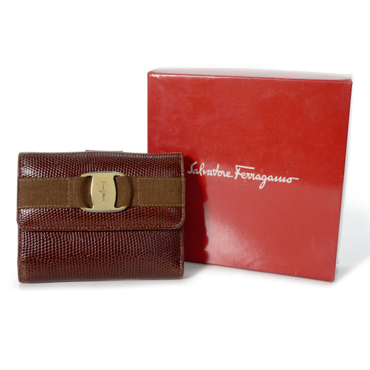 Ferragamo Varaリザード財布（茶/箱付き）