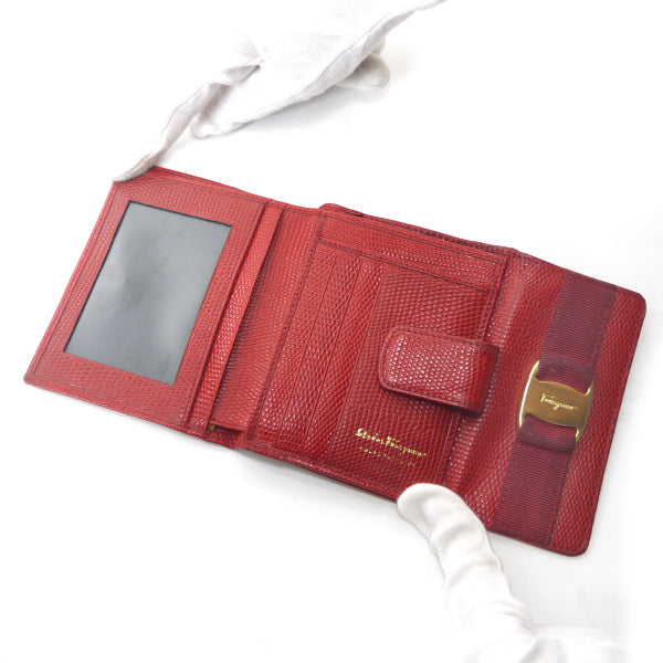 Ferragamo VaraリザードWホック折財布（赤）