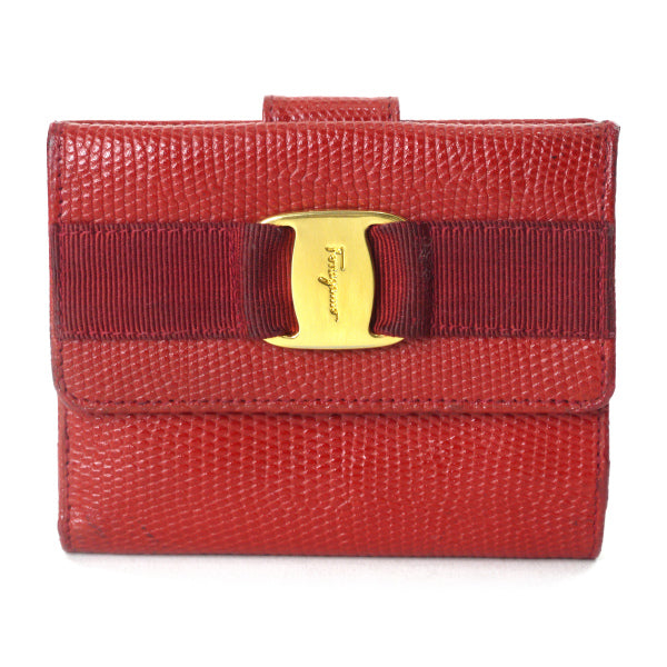 Ferragamo VaraリザードWホック折財布（赤）