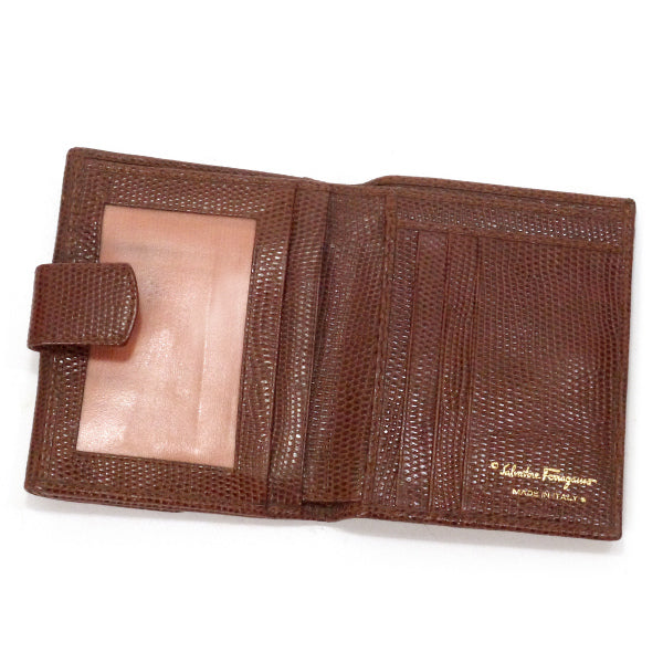 Ferragamo VaraリザードWホック折財布（茶）