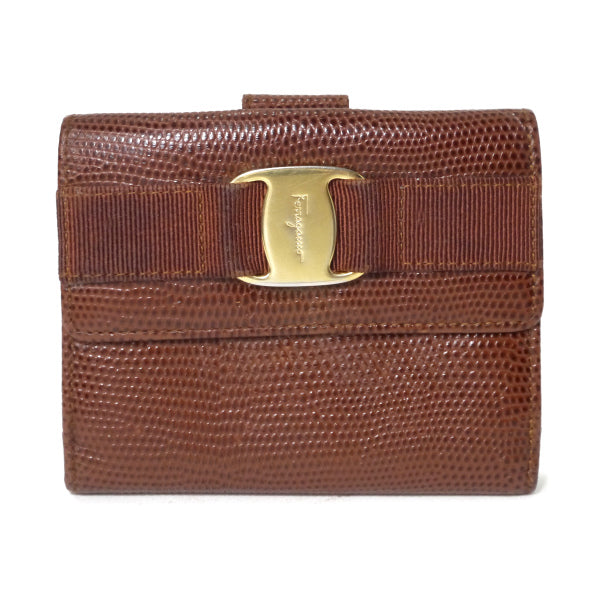 Ferragamo VaraリザードWホック折財布（茶）