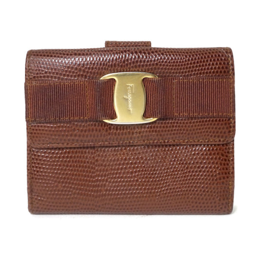 Ferragamo VaraリザードWホック折財布（茶）