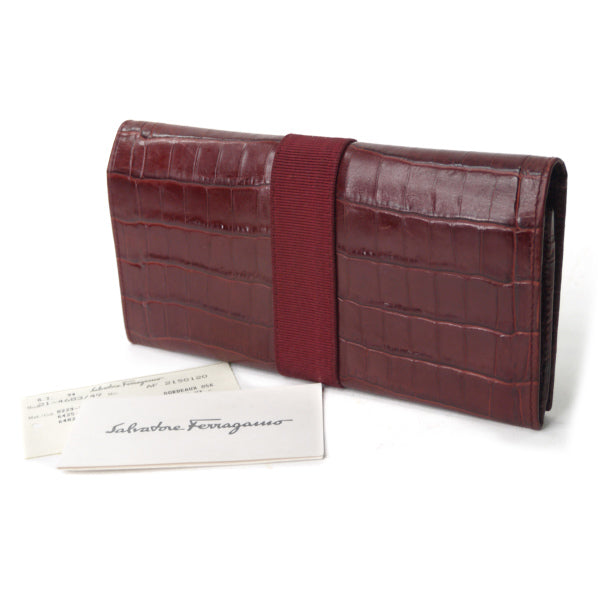 Salvatore Ferragamo Varaリボン クロコ型押し長財布（深赤
