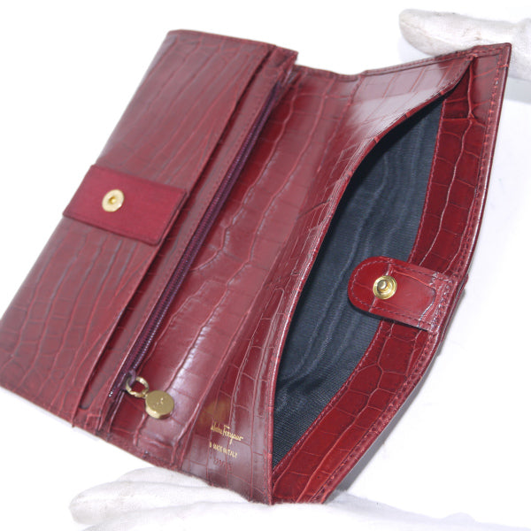 Salvatore Ferragamo Varaリボン クロコ型押し長財布（深赤
