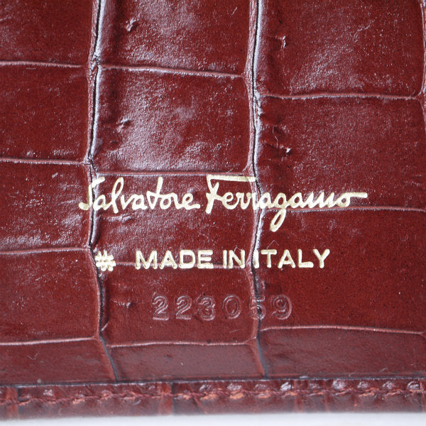 Salvatore Ferragamo Varaリボン クロコ型押し長財布（深赤）