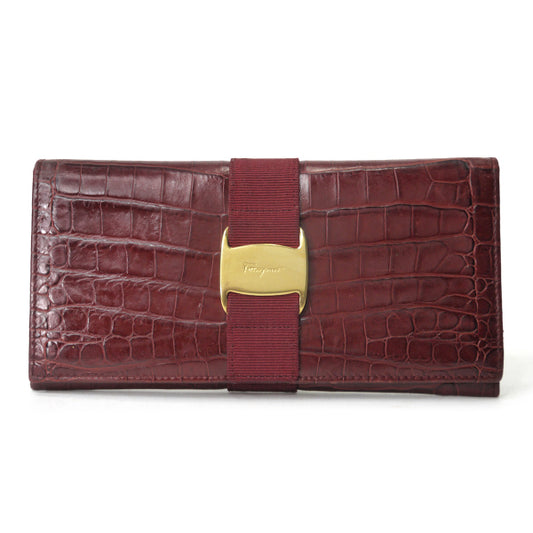 Salvatore Ferragamo Varaリボン クロコ型押し長財布（深赤）