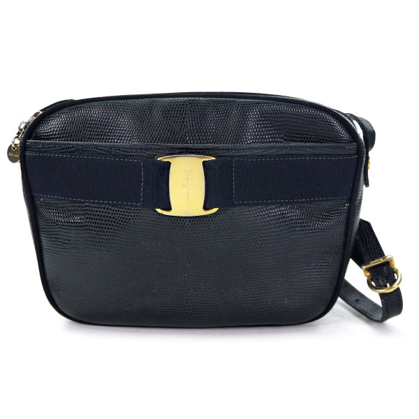 Salvatore Ferragamo　リザード型押しVaraリボンショルダー（紺）