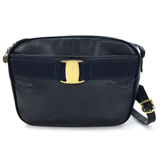 Salvatore Ferragamo　リザード型押しVaraリボンショルダー（紺）