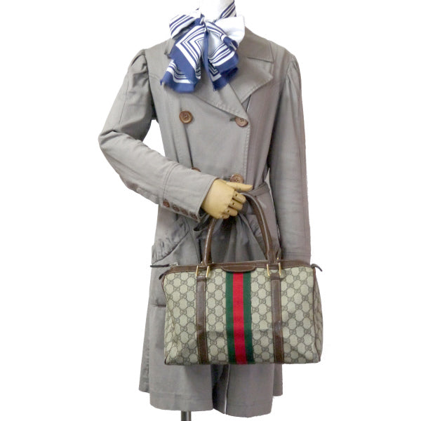 OLD Gucci 革2本シェリーラインボストン（茶・中）