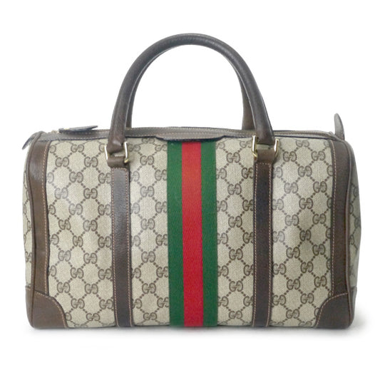 OLD Gucci　４本レザーライン シェリーボストン（茶・中）