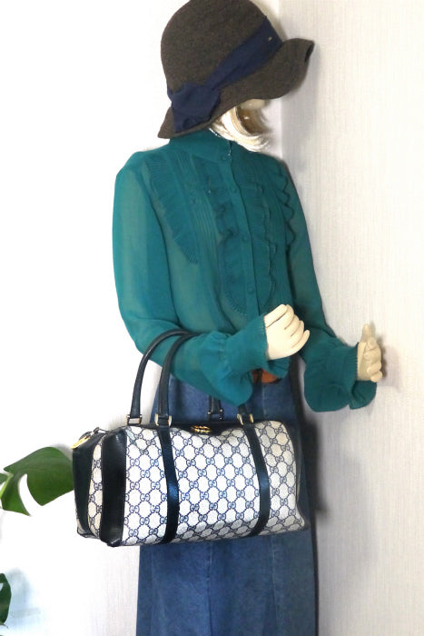 OLD Gucci ネイビー皮コンビボストン（小）