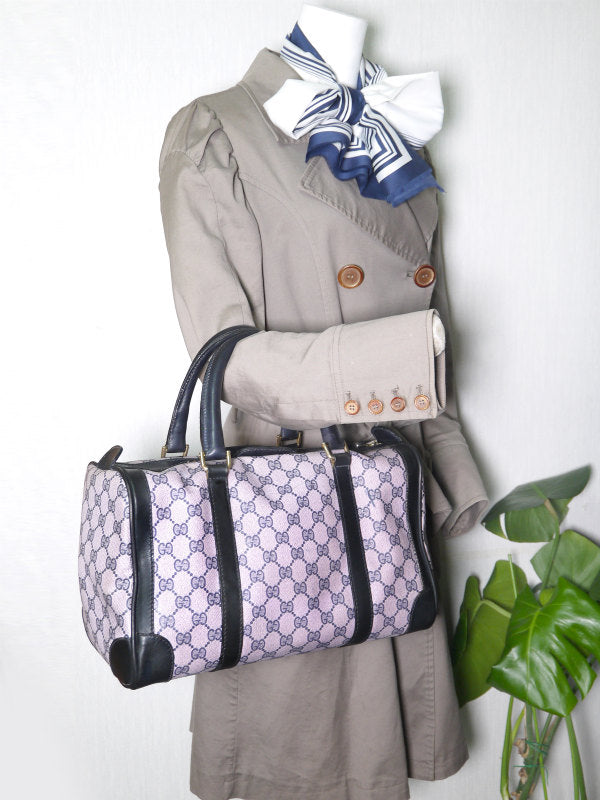 OLD Gucci 革ライン ピンク×青ボストン（中）