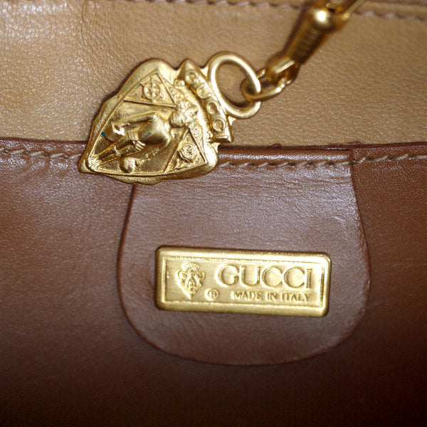 OLD Gucci ウッドハンドル×革編み込みバッグ（キャメル）