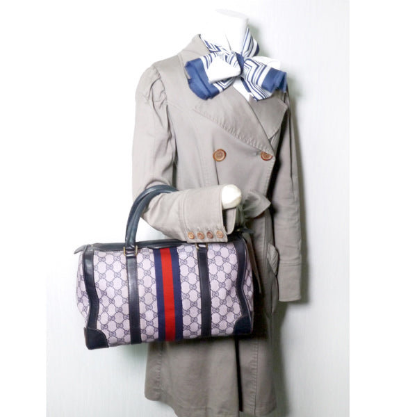OLD Gucci 革2本ライン ピンク×青シェリーボストン（中）
