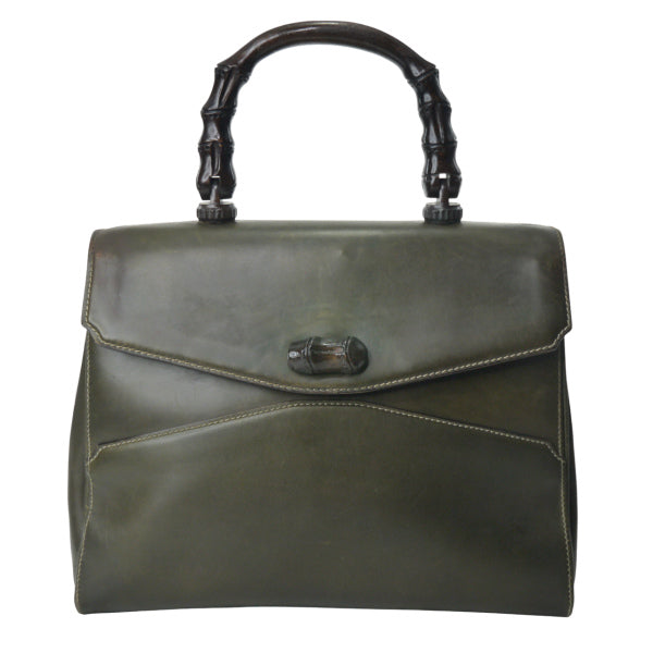 OLD Gucci ウッドハンドルバッグ（オリーブグリーン）（大）