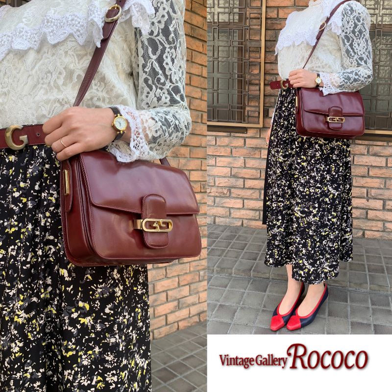 OLD Gucci　70s総革GGロゴショルダー（ボルドー）