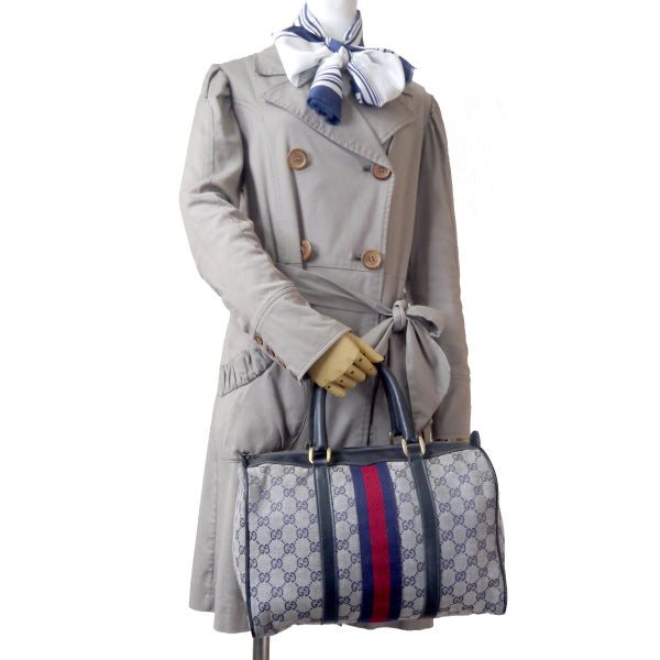 OLD Gucci 革2本シェリー ジャガードボストン（青/中）