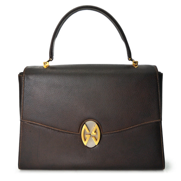 OLD Gucci　ピグスキンレザーGGロック台形ハンドバッグ（茶）