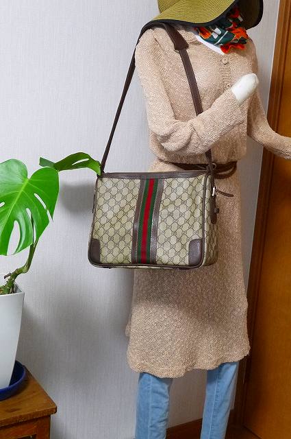 OLD Gucci ボストン型ショルダー（茶・縦シェリー）